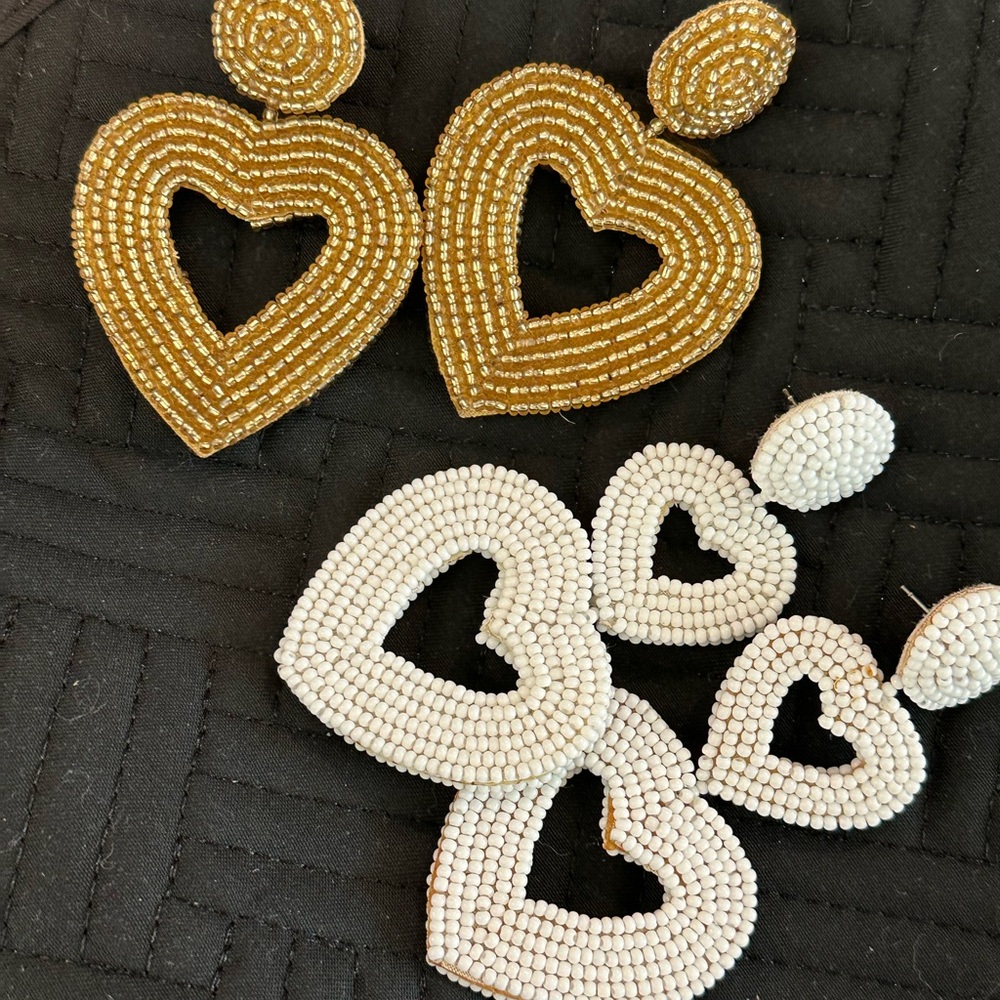 Elegant Large Gold & White Leather Heart-Shaped Beaded Earrings